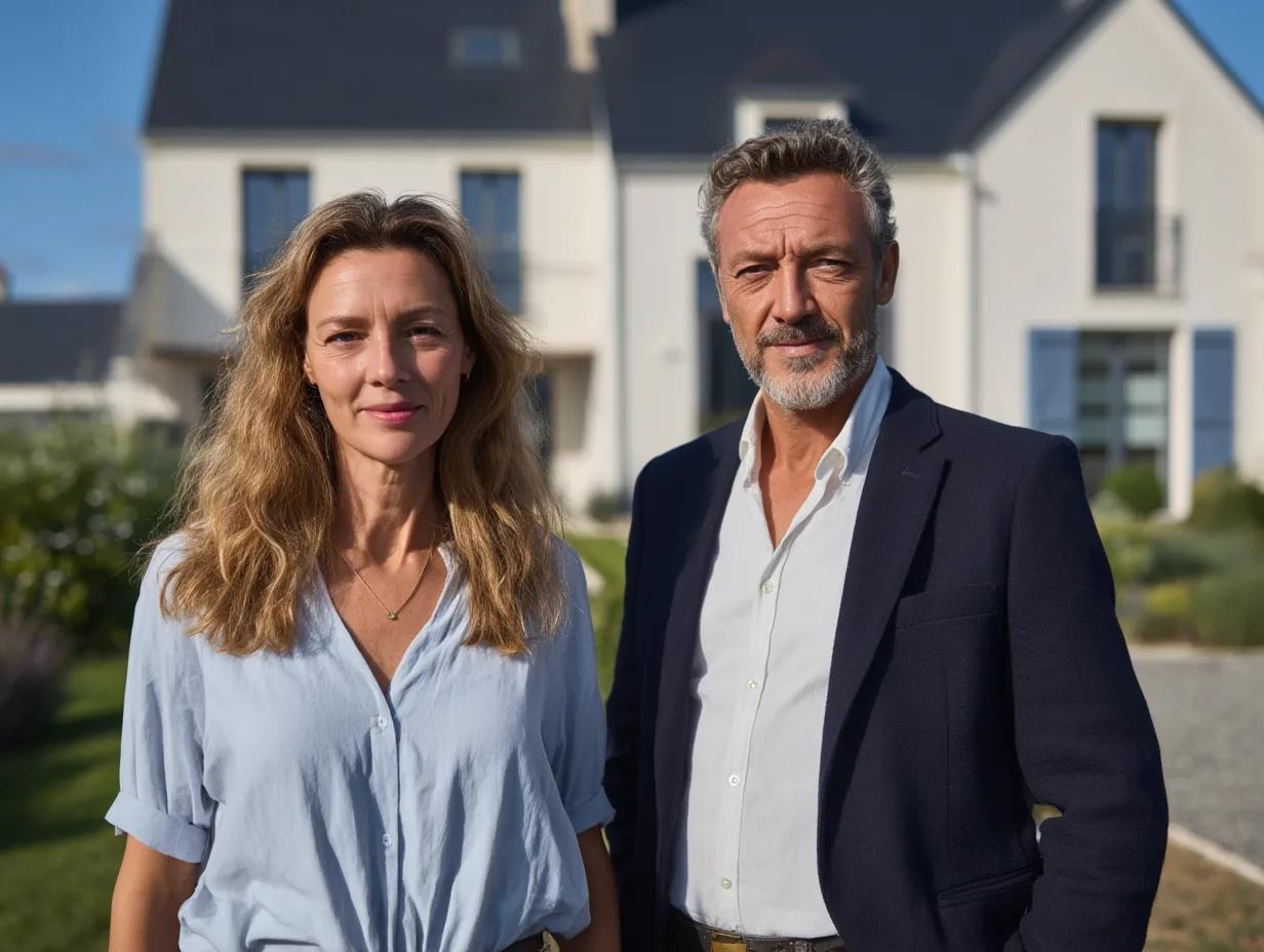 Couple devant sa maison avec un agent immobilier