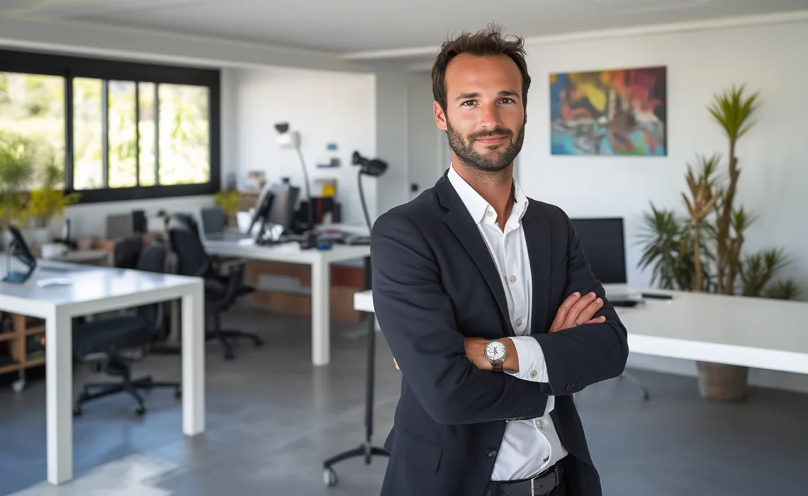 Marc, agent immobilier, dans son agence